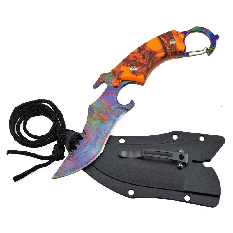 Tactical Orange Camo Karambit Neck Knife Survival Hunting Fixed Blade - Tophatter's Army Products & Self Defense Collectible Weapons - Tophatter Daily Deals